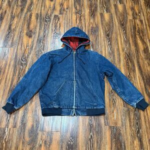 Men’s Size Large Denim & Buffalo Plaid Flannel Chore Coat Jacket Hooded‎ L Key
